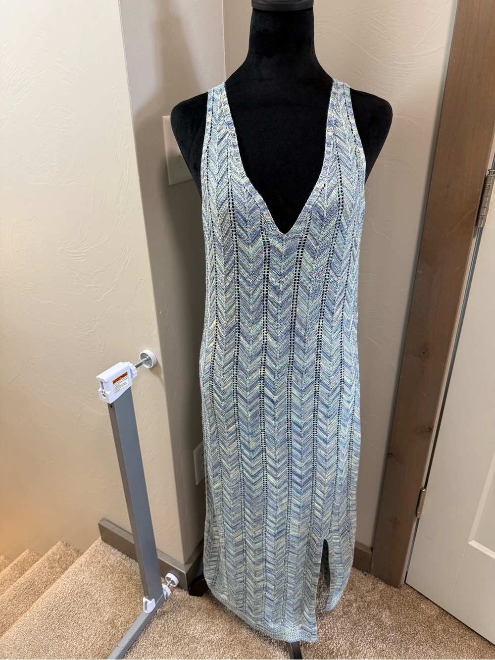 Madden NYC Knit Bodycon V-Neck Sheer Dress Chevron Blue Green Maxi Beach Vacay